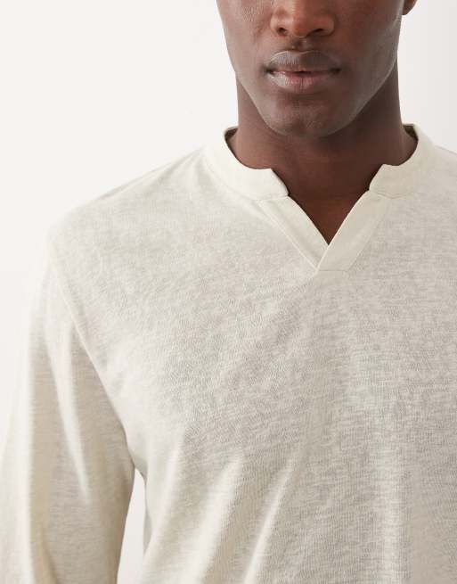 ASOS DESIGN relaxed long sleeve t-shirt with notch neck in beige linen look, 3 of 5