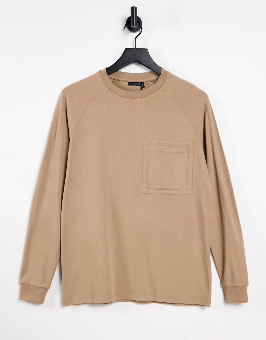 Asos Design Relaxed Long Sleeve T-shirt With Pocket Detail And Raglan Sleeves In Washed Tan-brown