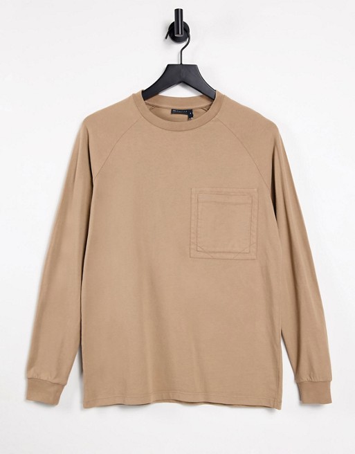 ASOS DESIGN relaxed long sleeve t-shirt with pocket detail and raglan sleeves in washed tan