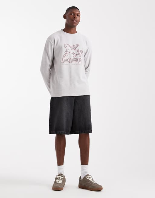 ASOS DESIGN relaxed long sleeve t-shirt with street graphic in grey waffle texture, 2 of 5