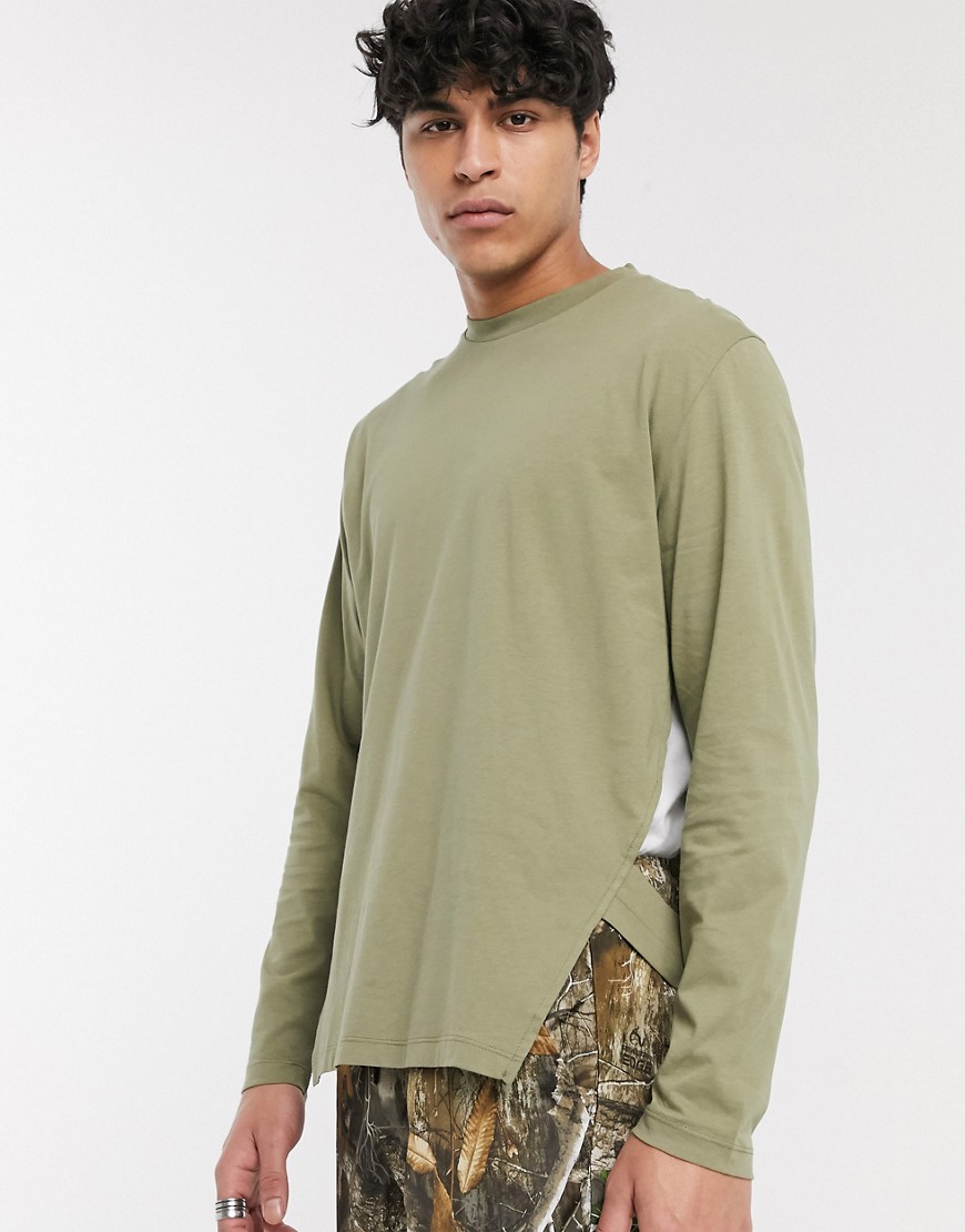 ASOS DESIGN relaxed long sleeve t-shirt with tabbard side in khaki-Green