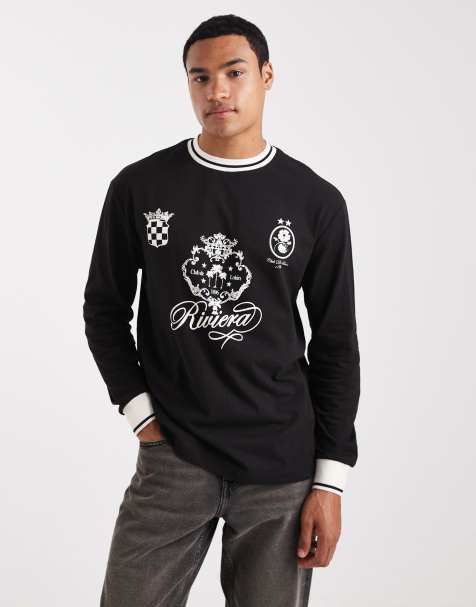 ASOS DESIGN relaxed long sleeve T-shirt with tipping detail and sports graphic in black - view 1