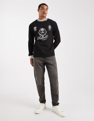 Asos Design Relaxed Long Sleeve T-shirt With Tipping Detail And Sports Graphic In Black