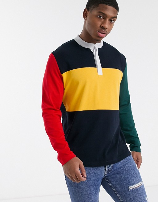 ASOS DESIGN relaxed long sleeve t-shirt with woven granded neck in colour block