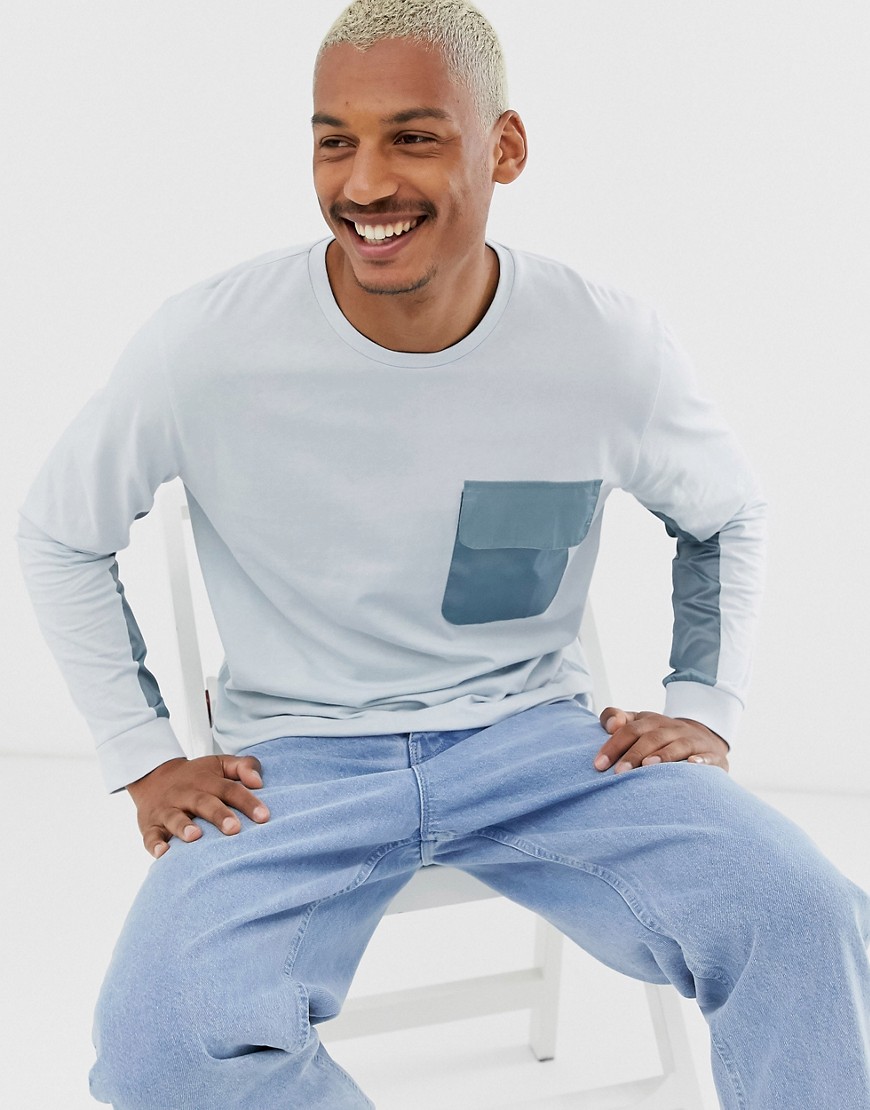 ASOS DESIGN relaxed long sleeve t-shirt with woven panels in blue