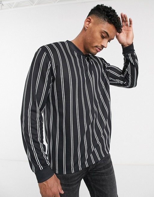 ASOS DESIGN relaxed long sleeve vertical stripe t-shirt with grandad bomber neck