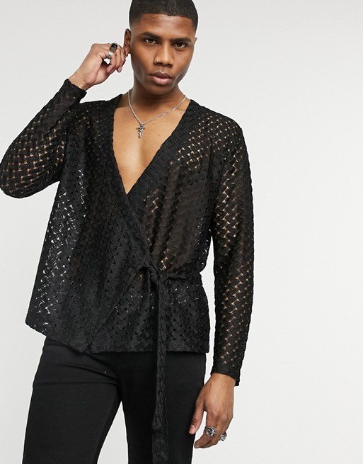 ASOS DESIGN relaxed long sleeve wrap shirt in black lace