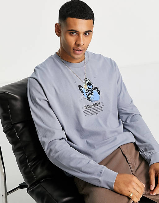 ASOS DESIGN relaxed long-sleeved T-shirt in blue grey with butterfly chest print