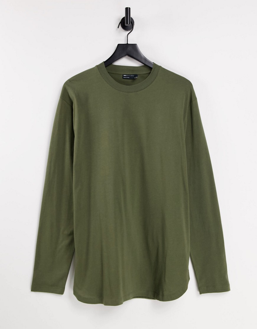 ASOS DESIGN relaxed longline long sleeve t-shirt with curved hem in khaki-Green