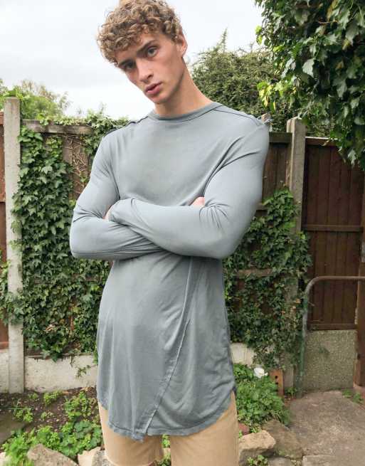 ASOS DESIGN relaxed longline long sleeve t-shirt with seam details in gray