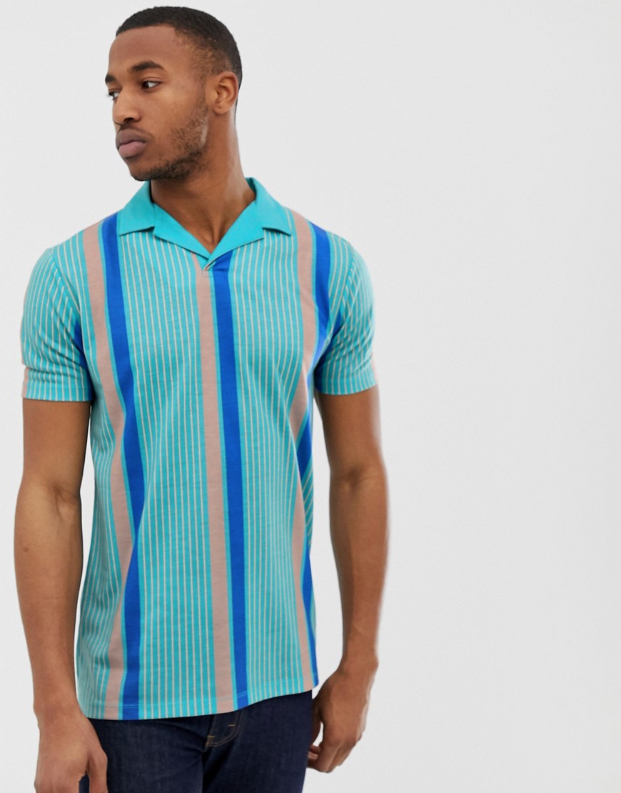 ASOS DESIGN relaxed longline revere polo with vertical stripe-Green