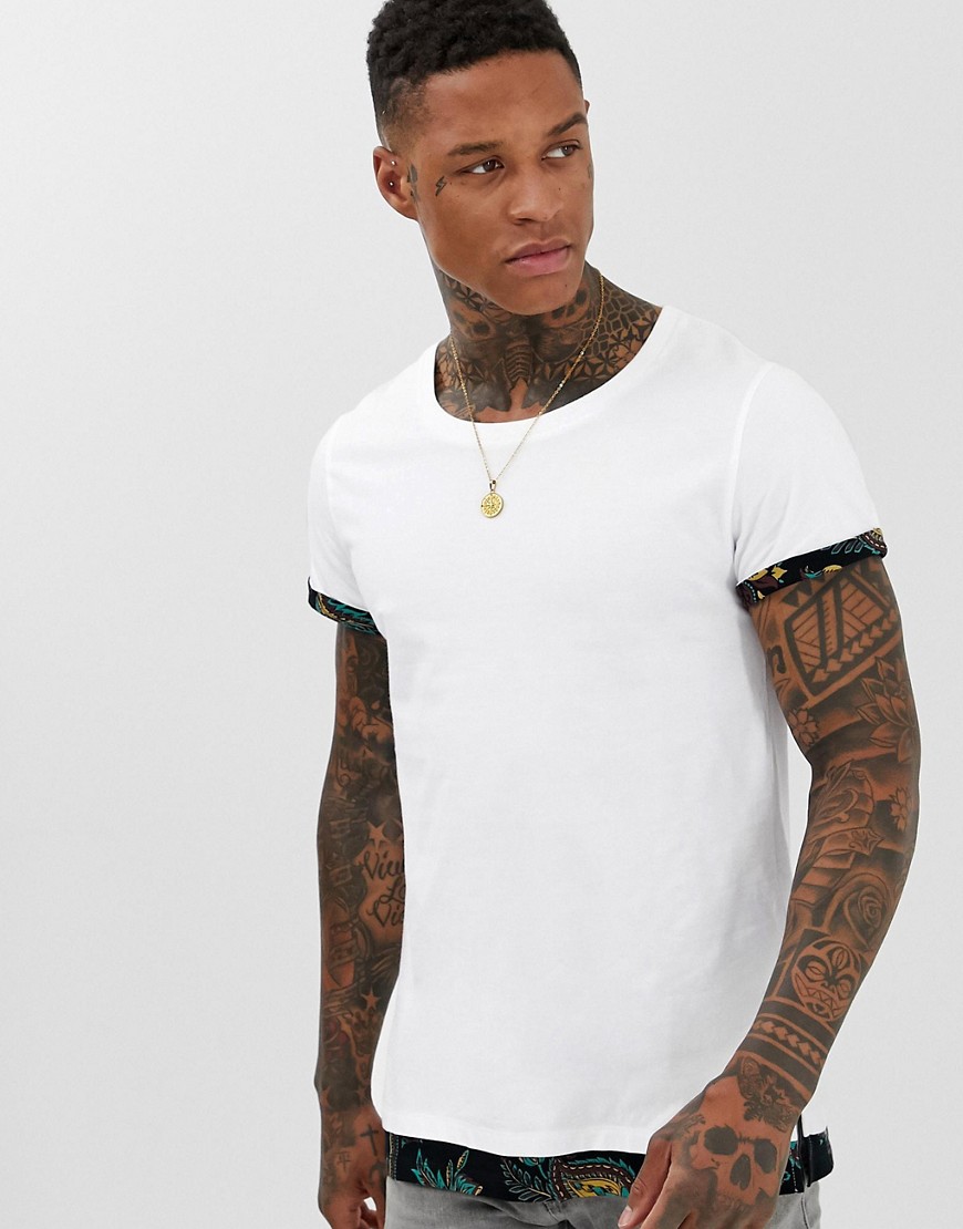 ASOS DESIGN relaxed longline roll sleeve t-shirt with bandana mock hem and scoop neck-White
