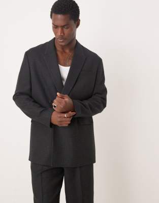 Asos Design Relaxed Longline Suit Jacket In Black Textured Fabric