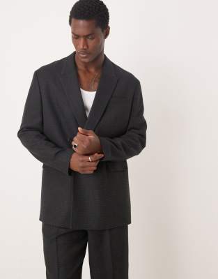 relaxed longline suit jacket in black textured fabric