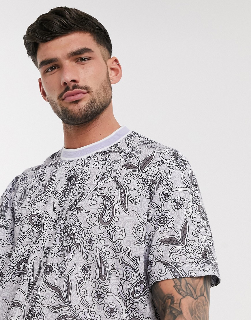 Asos Design Plus Relaxed Longline T-shirt With All Over Floral And Paisley Print In Lilac Linen Look-multi