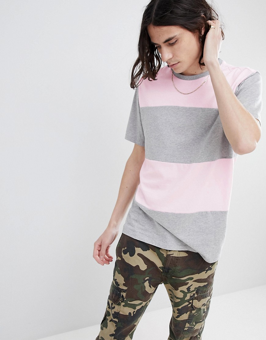 ASOS DESIGN relaxed longline t-shirt with colour block in pink/ grey