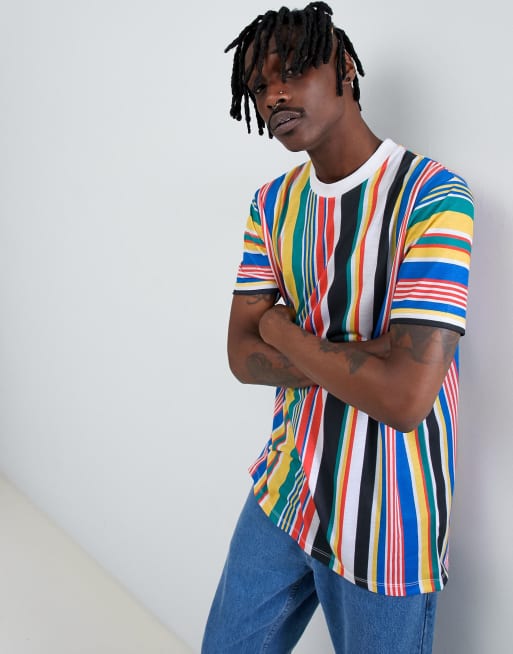 ASOS DESIGN relaxed longline t-shirt with rainbow vertical stripe