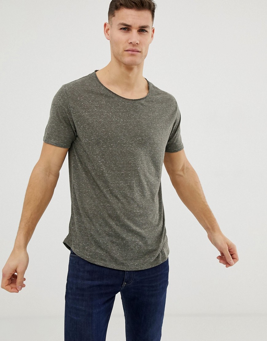 ASOS DESIGN relaxed longline t-shirt with raw scoop neck and curve hem in linen mix in khaki-Green