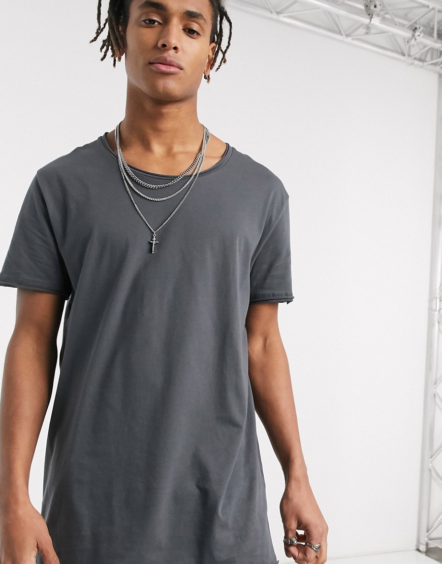 ASOS DESIGN relaxed longline t-shirt with scoop raw edge in washed black