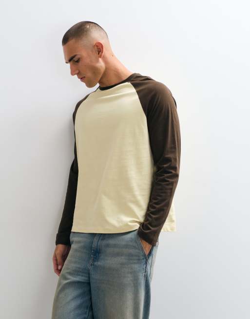 ASOS DESIGN relaxed longsleeve raglan t-shirt in brown and yellow, 2 of 7