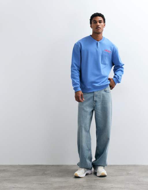 ASOS DESIGN relaxed loopback bomber henley met machineborduurdetail in blauw, 3 van 5