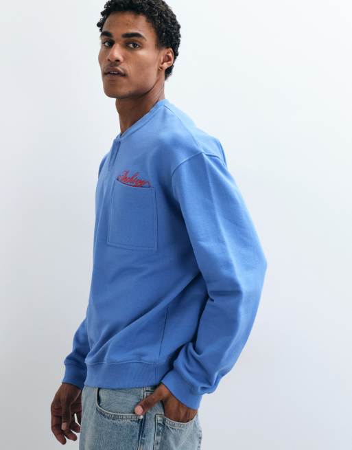 ASOS DESIGN relaxed loopback bomber henley met machineborduurdetail in blauw, 4 van 5