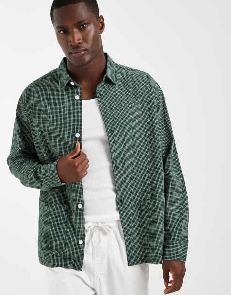 ASOS DESIGN relaxed micro check shirt with pockets in green - view 1