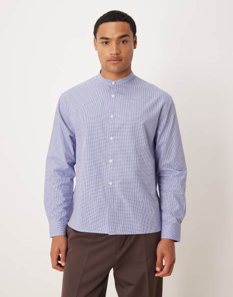 ASOS DESIGN relaxed microcheck shirt with grandad collar in blue