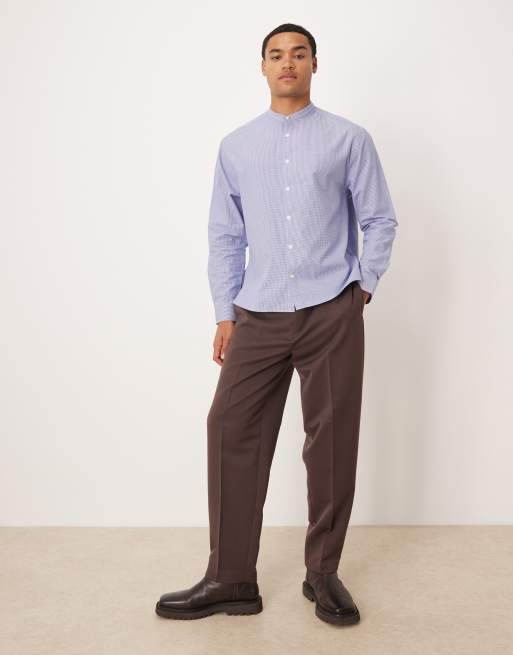 ASOS DESIGN relaxed microplaid shirt with band collar in blue, 2 of 5
