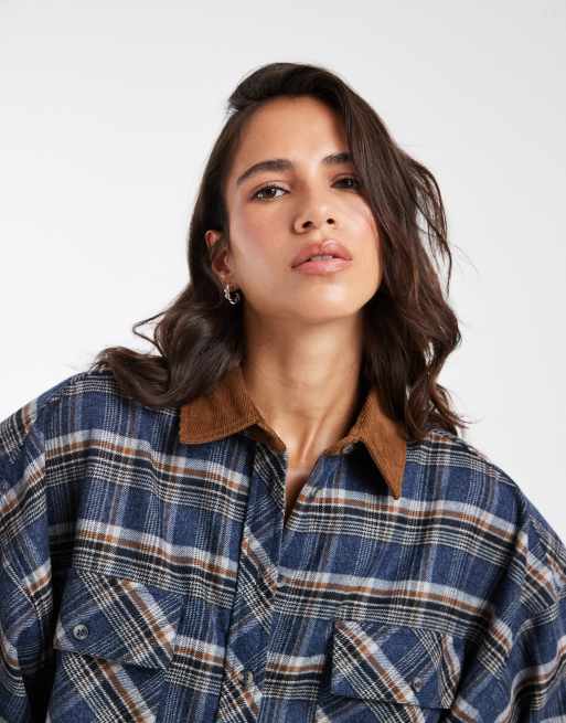 ASOS DESIGN relaxed mini shirt dress with contrast cord trims in navy check, 2 of 4