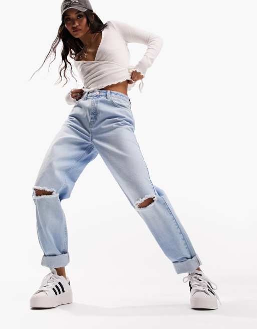 ASOS DESIGN Curve high rise original mom jeans in light wash with rips