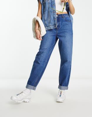 Asos Design Relaxed Mom Jeans In Mid Blue