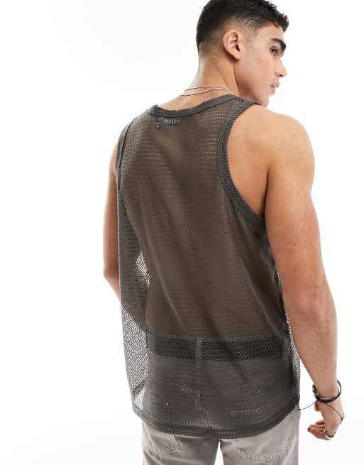 ASOS DESIGN relaxed neck open mesh tank top in gray