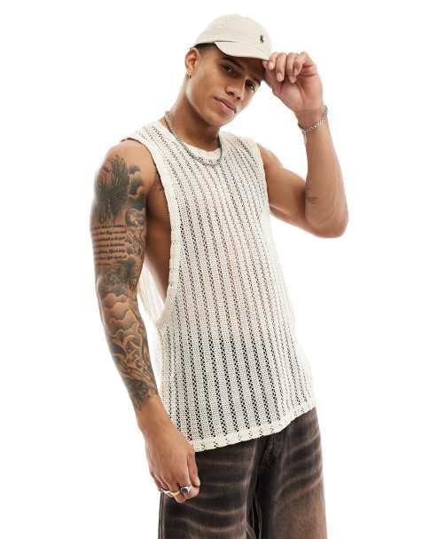 ASOS DESIGN relaxed neck vest in open texture in beige - view 1