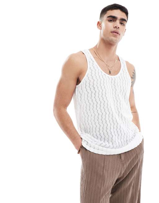 FhyzicsShops DESIGN relaxed neck vest in sheer zig zag in white 