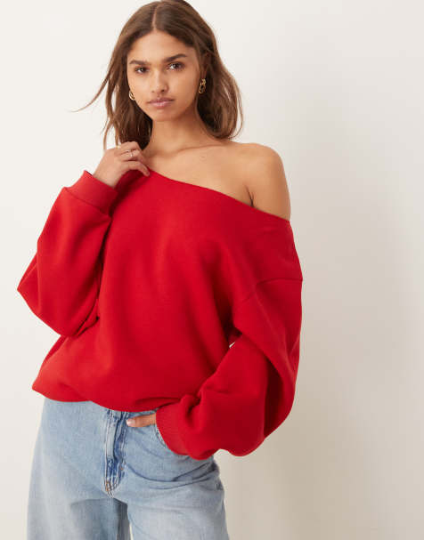 ASOS DESIGN relaxed off shoulder sweat in red - view 1