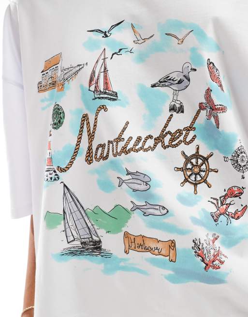 ASOS DESIGN relaxed off shoulder t-shirt with nantucket graphic in white, 2 of 4