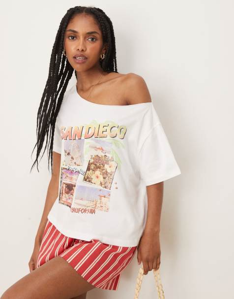ASOS DESIGN relaxed off shoulder t-shirt with san diego graphic in white - view 1