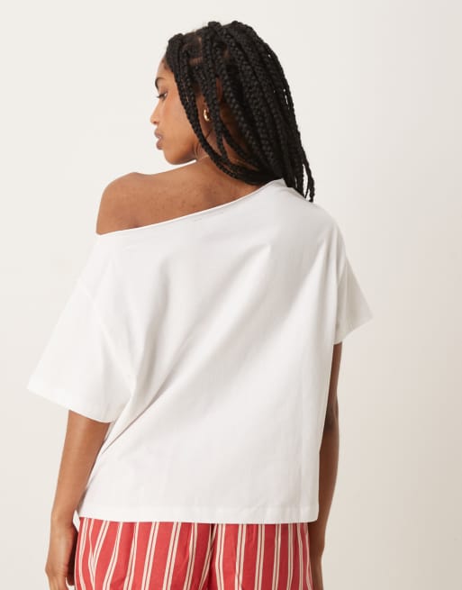 ASOS DESIGN relaxed off shoulder t-shirt with san diego graphic in white