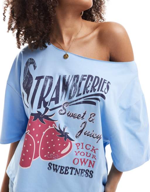 ASOS DESIGN relaxed off shoulder t-shirt with strawberry graphic in blue, 3 of 4