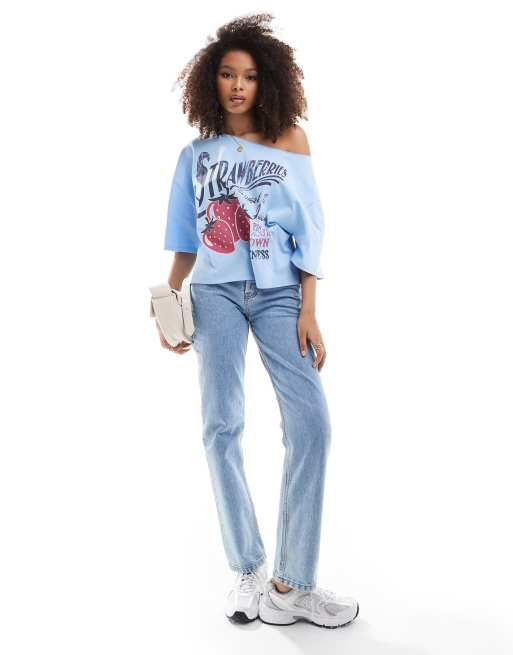 ASOS DESIGN relaxed off shoulder t-shirt with strawberry graphic in blue, 4 of 4