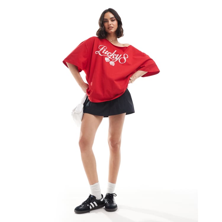 ASOS DESIGN relaxed off the shoulder t-shirt with lucky dice