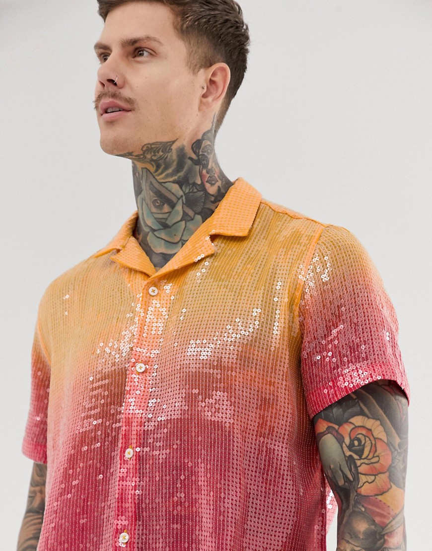 ASOS DESIGN relaxed ombre sequin shirt with revere collar-Orange