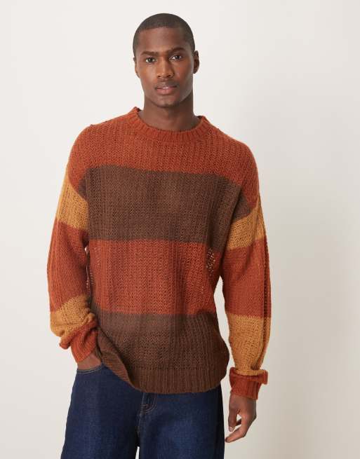 ASOS DESIGN relaxed open knit crew neck jumper in brown stripe texture