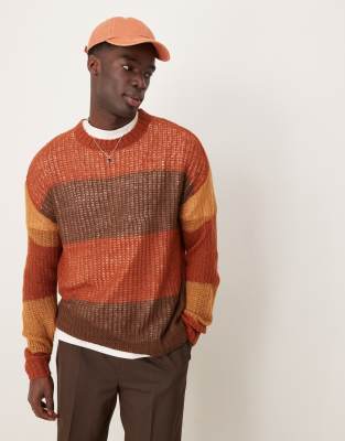 relaxed open knit crew neck sweater in brown stripe texture