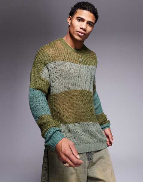 ASOS DESIGN relaxed open knit jumper in khaki stripe - view 1