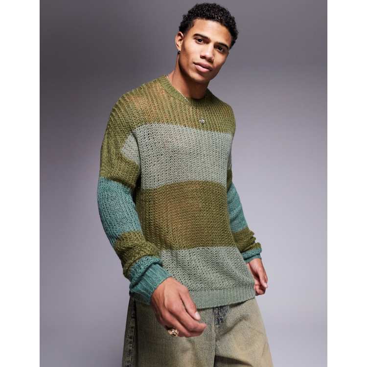 ASOS DESIGN relaxed open knit jumper in khaki stripe ASOS