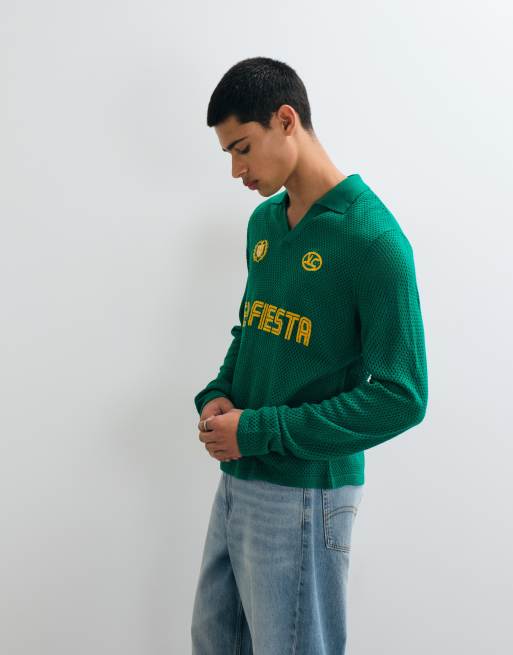 ASOS DESIGN relaxed open knit soccer-style notch neck long sleeve polo in green, 2 of 5