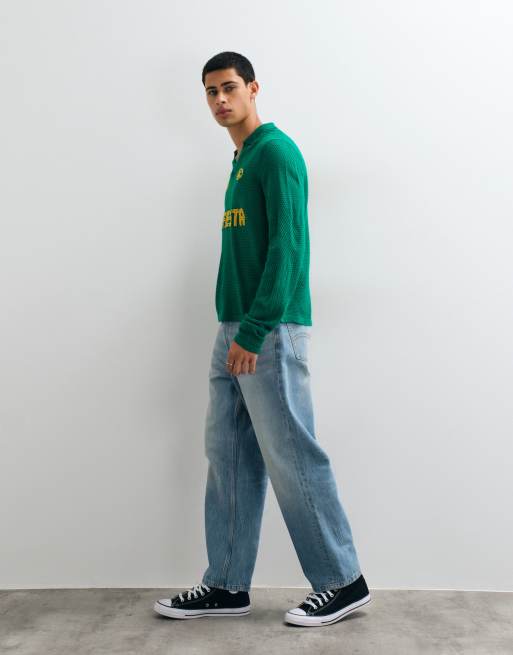 ASOS DESIGN relaxed open knit soccer-style notch neck long sleeve polo in green, 3 of 5