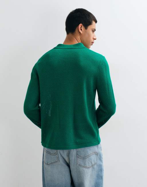 ASOS DESIGN relaxed open knit soccer-style notch neck long sleeve polo in green, 4 of 5
